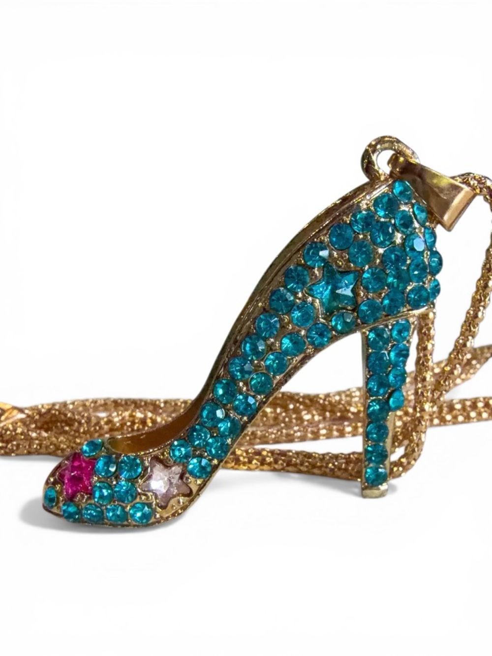 Betsey Johnson Blue Rhinestone Stiletto High-Heel Pendant Necklace NWT - Picture 5 of 9